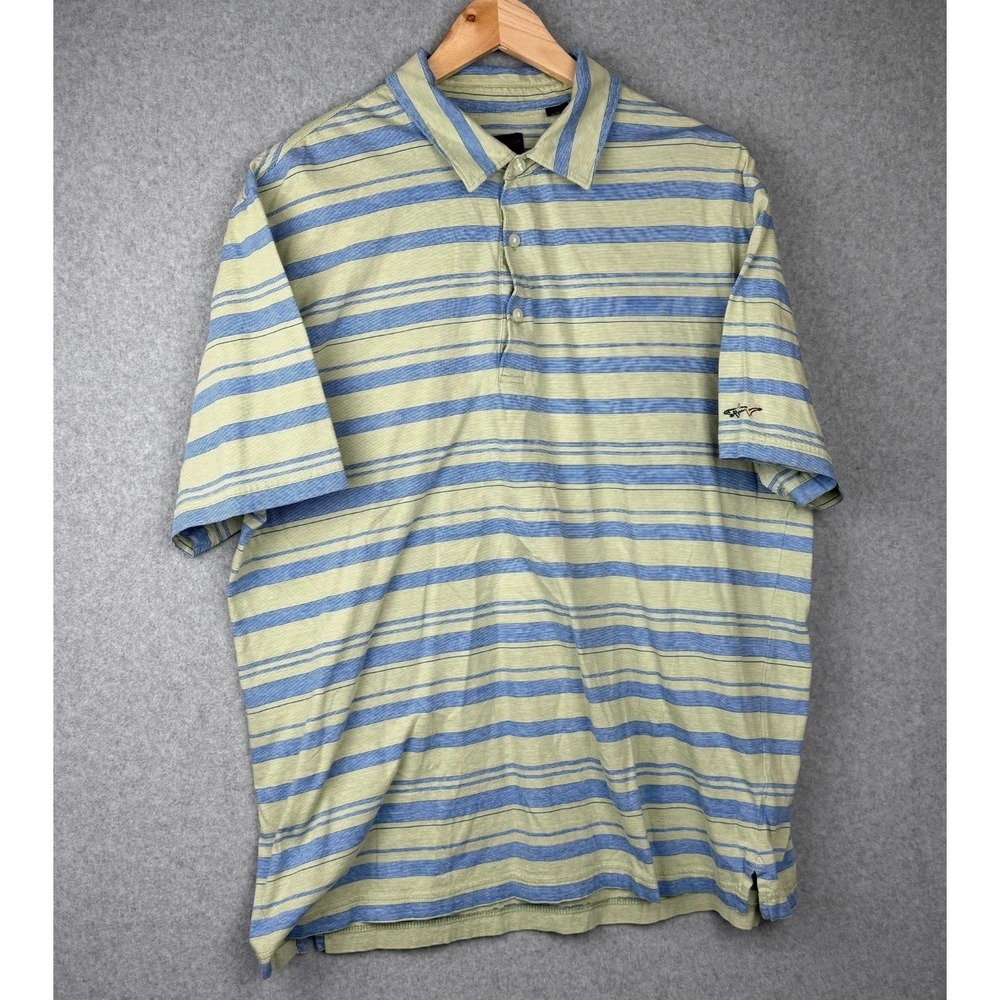 Vintage Greg Norman Collection XL Striped Polo Shirt Green Blue Shark Logo